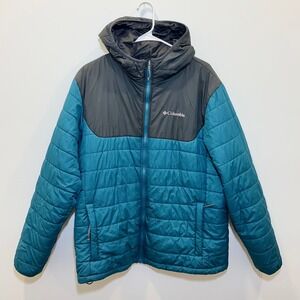 Columbia Mens Hooded Puffer Jacket Teal Charcoal Grey Insulated Quilted Coat
